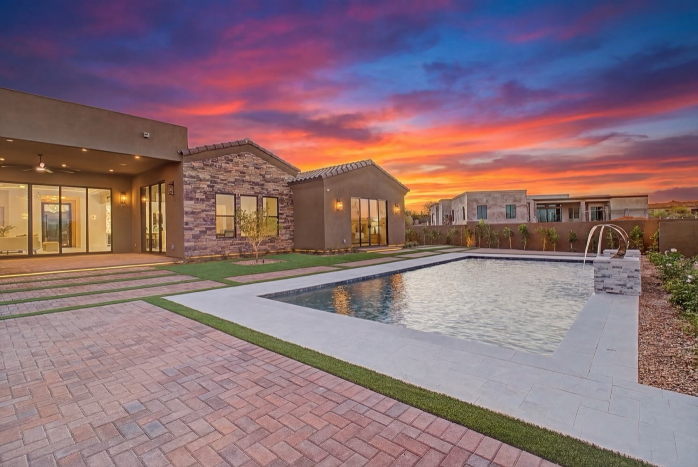 Luxury home patio at twilight